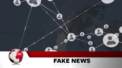 Animation of fake news text, globe, data processing and network of connections - Powered by Adobe