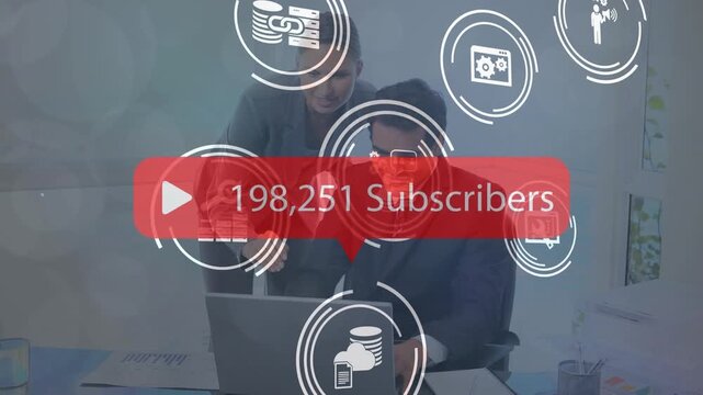 Animation of subscribe text and network of connections with icons over business people - Powered by Adobe