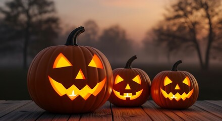 Three spooky glowing jack-o-lanterns lined up outdoors for a halloween celebration