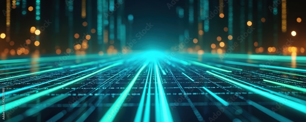 Poster futuristic digital grid surface with glowing blue, green light streaks. abstract motion blur backgro