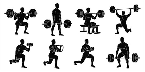 Silhouettes of athletes performing diverse weight training and conditioning exercises weightlifting
