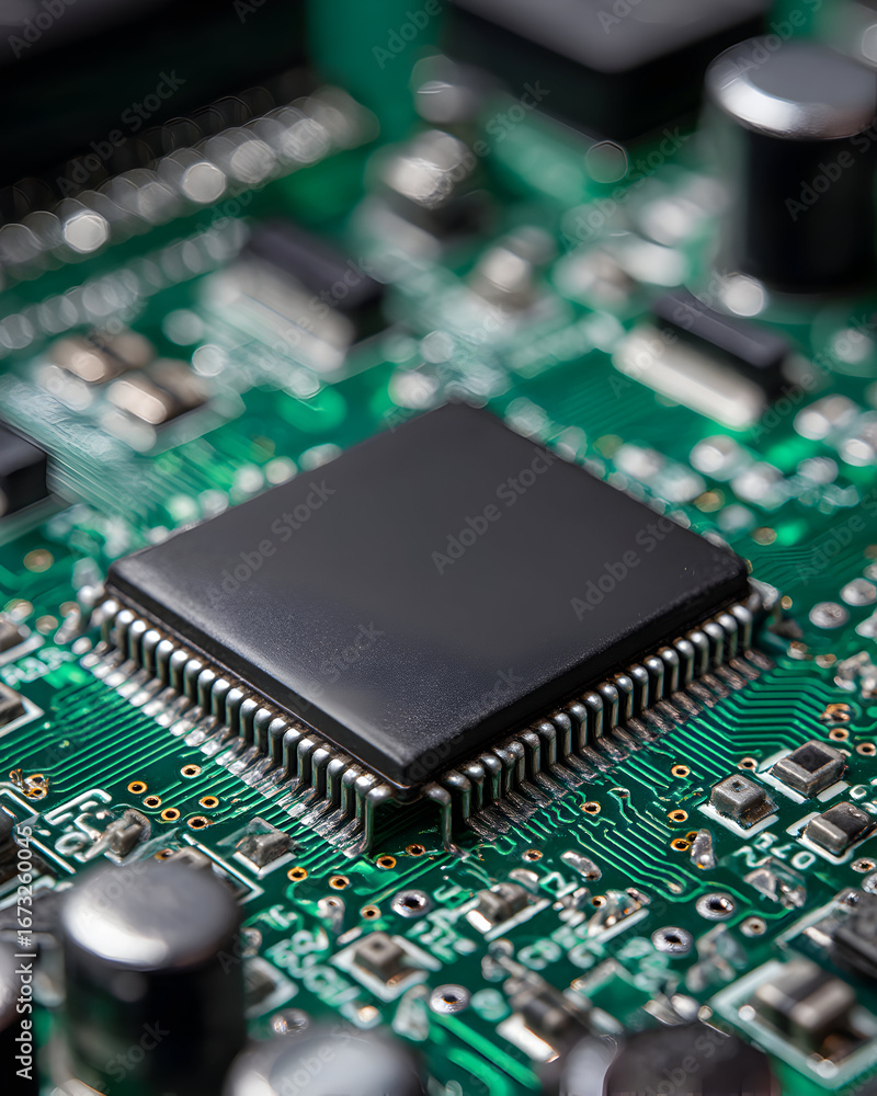 Aufkleber close up shows a green circuit board with a black microchip component for electronics tech