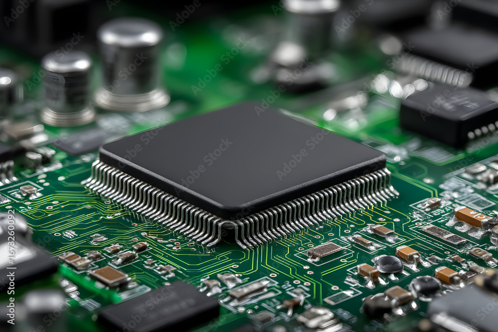 Poster close up of a black microchip on a green circuit board showing technology and innovation