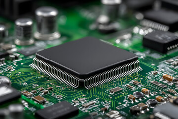 Obraz premium Close up of a black microchip on a green circuit board showing technology and innovation
