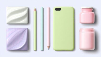 Pastel layout of phone case, pencils, & textured blocks, with pink & white jars on soft blue surface