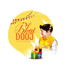 Illustration featuring a brother and sister celebrating Bhai Dooj with festive traditions, showcasing family bonding and cultural warmth.