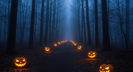 Spooky Halloween forest path with glowing jack-o'-lanterns for festive season