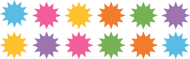 Colorful starburst shapes, set of twelve, vibrant colors, isolated on white background, decorative design elements, bright abstract vector icons