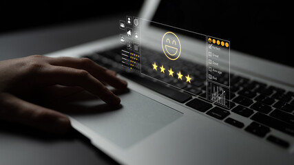 Customer feedback and satisfaction rating system showing star review, happy face, performance...