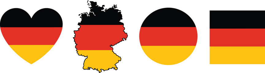 Germany flag icons collection, heart shape, map outline, circle and square design, German national colors black red yellow symbols