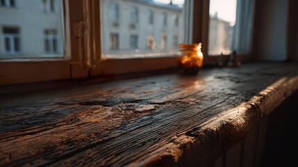 The simple wooden table, with its natural texture, is bathed in the soft morning light from the nearby kitchen window