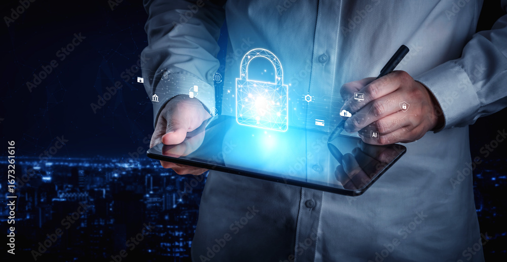 Poster cyber security safeguards data and systems. cyber security uses ai, digital security protects cloud,