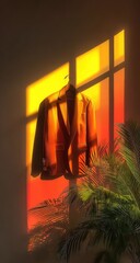 Warm-toned image of a blazer hanging near a plant in front of a window