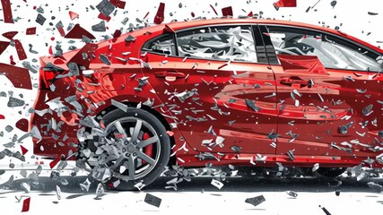 Red sedan crash collision with shattered glass flying midair, broken car parts and damage, dramatic side impact accident scene showing debris and damaged vehicles in dynamic motion