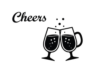 Black and white illustration of two beer glasses toasting with cheers text