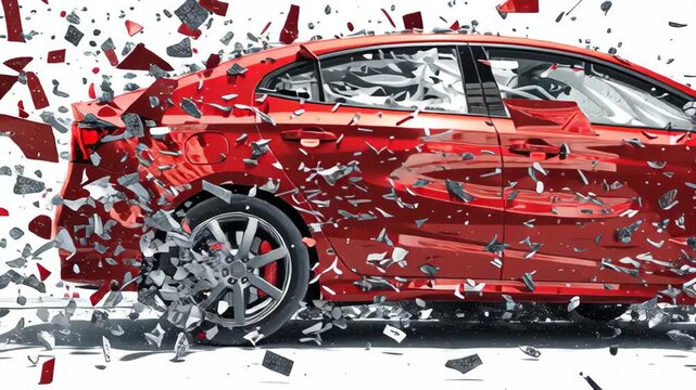Red sedan crash collision with shattered glass flying midair, broken car parts and damage, dramatic side impact accident scene showing debris and damaged vehicles in dynamic motion
