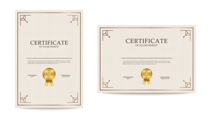 Minimalistic discreet templates for creating diplomas or certificates. Vertical and horizontal light beige layout of the certificate of achievement.