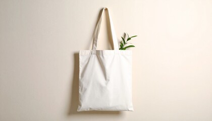 Blank tote bag mockup hanging against neutral wall in minimalist style for branding and print design presentation