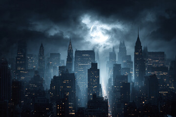 Fototapeta premium Night city skyline moonlit cityscape dark buildings illuminated windows hazy atmosphere