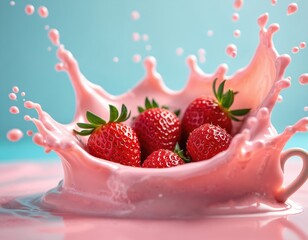 Juicy strawberries splash into creamy pink liquid in cup. Delicious dessert illustration captures summer refreshment with fresh berries, vibrant colors. Ideal for healthy eating, sweet treat