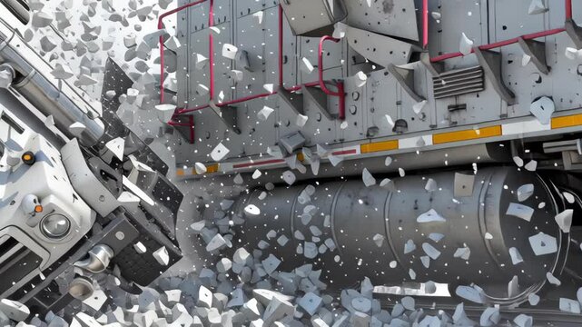 Semi truck and train collision at railroad crossing with intense impact, debris flying, dramatic crash scene showing vehicle accident and transportation destruction aftermath