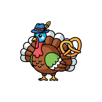 A festive cartoon turkey wearing a Bavarian Oktoberfest hat and holding a delicious pretzel, a fun Thanksgiving and German culture mashup