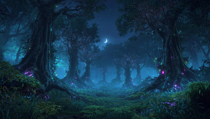 Mystical Forest Path Through Ancient Trees Under Starry Night Sky