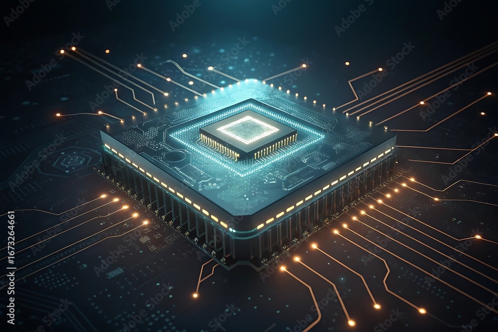 Poster close-up of a glowing blue computer processor chip with intricate circuitry and illuminated pins tec
