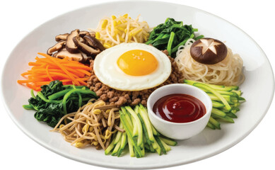 Bibimbap bowl with egg, vegetables, and meat