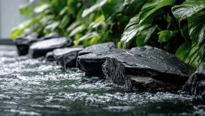Stickers Toilet Water flowing over dark stones, lush greenery  © C