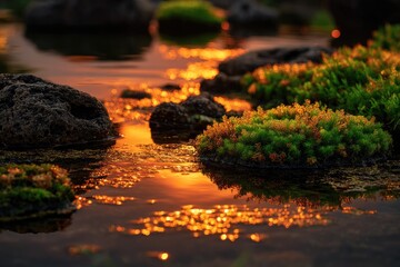 Sunset reflected in shallow water amongst rocks and vibrant green moss