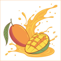 Ripe juicy mango cubes, sliced tropical fruit. Modern vector illustration isolated on white background, hand drawn, flat design