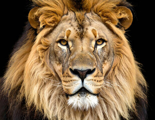 Fototapeta premium A majestic lion's head, showcasing a detailed mane and intense gaze against a black background.