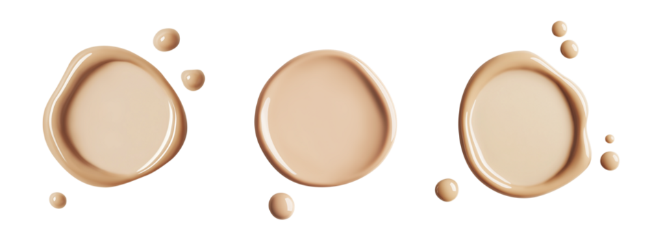 Beige abstract spot swatch with small drops. Close-up of foundation cream or tinted moisturiser with empty space inside. Isolated element with clear even edge on transparent background