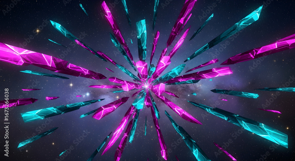 Poster abstract background with geometric crystals in vibrant magenta and turquoise colors, creating a futu