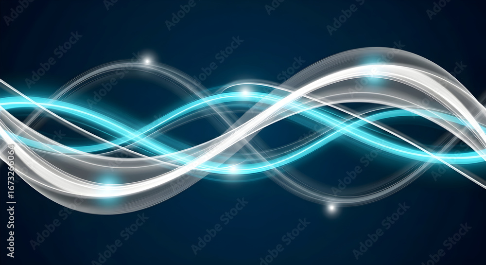 Poster abstract blue and white wave pattern on a dark background creating a sense of movement and energy, p
