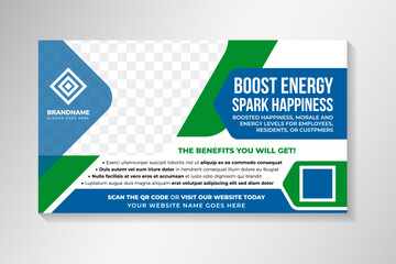 boost energy spark happiness banner template design on horizontal layout. combination green and blue on element isolated on white background. photo space element.