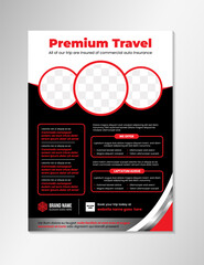 Lets Know The World Flyer Template Design Premium Travel poster use black background. circle space for photo collage. vertical layout with red and white colors on elements.