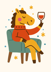 Cute horse sitting in armchair with wine glass.
