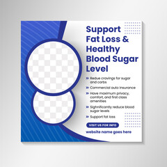 Weight Loss Program Banner For Health And Fitness Campaigns. Support fat loss and healthy blood sugar social media cover in square lyaout. blue and white background with photo space and line pattern
