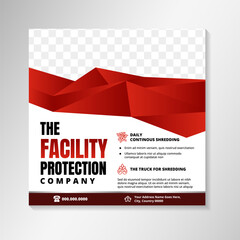 Security Services Post Social Media Square Banner Template. the facility protection company poster design with polygonal border for photo space. white background combined with red gradient and black.