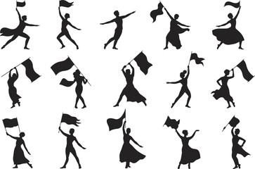 Set of women waving flags in dancing poses, silhouette vector illustration, elegant flag performance, artistic movement, black isolated dancers clipart