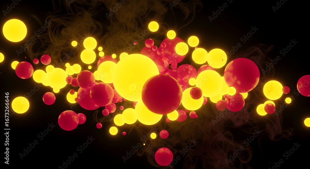 Poster abstract glowing spheres of yellow and red color on a black background create a visually striking an