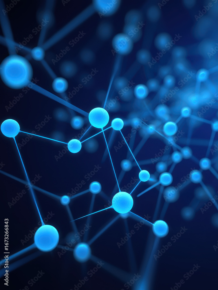 Poster abstract blue network with glowing spheres connected by lines on a dark blue gradient background