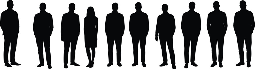 Silhouette business people standing, professional group vector, team illustration, black outline figures, modern corporate concept, isolated white background, minimal