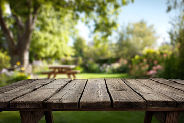 Rustic wooden table in a blurry green garden background with a picnic table
