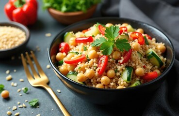 Vibrant quinoa salad with chickpeas, colorful vegetables like cucumber, red bell pepper, fresh parsley garnish. Healthy low-carb meal, perfect for vegetarian, vegan, gluten-free diets. Wholesome dish