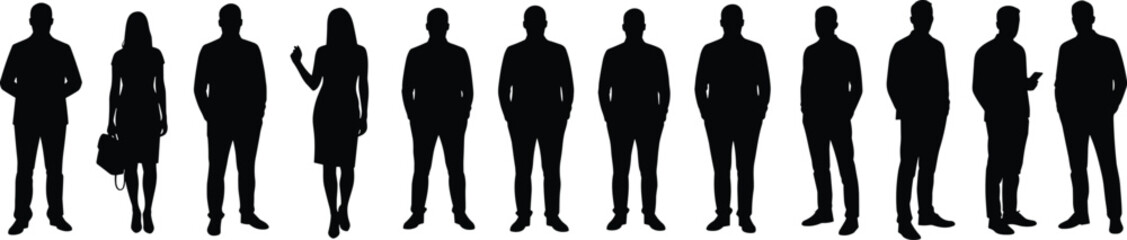 Silhouette business people standing, professional group vector, team illustration, black outline figures, modern corporate concept, isolated white background, minimal