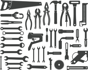 Silhouette of hand tools collection, black and white tool icons, mechanic equipment, repair toolkit, DIY, hardware tools vector illustration
