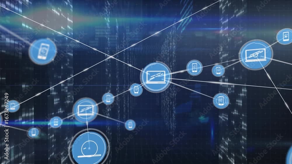 Poster animation of connected icons, falling bars, programming language and lens flares on blue background